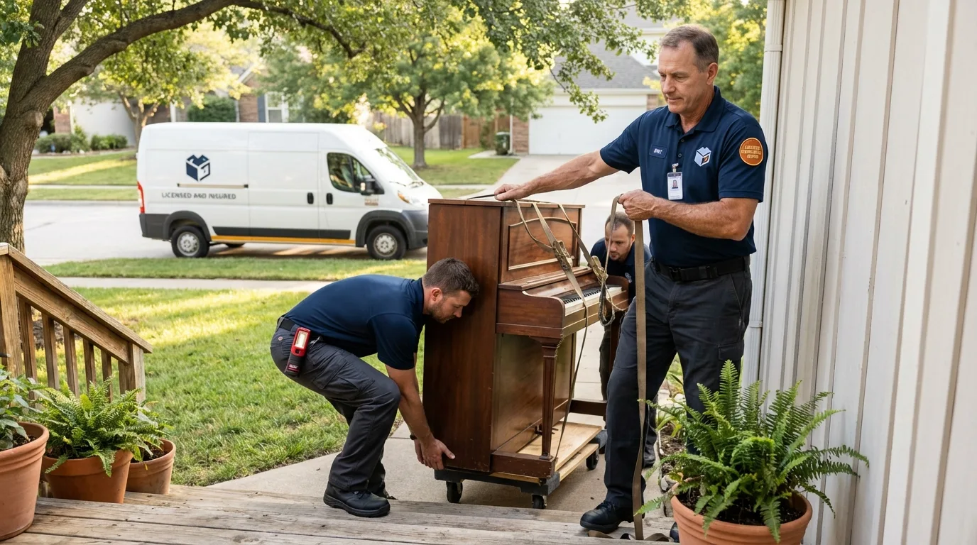Licensed piano movers securing grand piano in Wabasha, MN