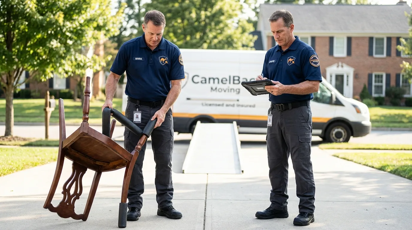 Movers inspecting furniture for damage prevention before loading in Wabasha, MN