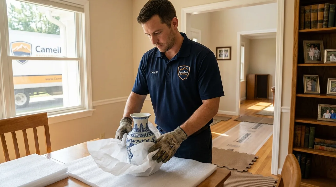 Professional crew carefully wrapping antique vase for senior downsizing move in Wabasha, MN
